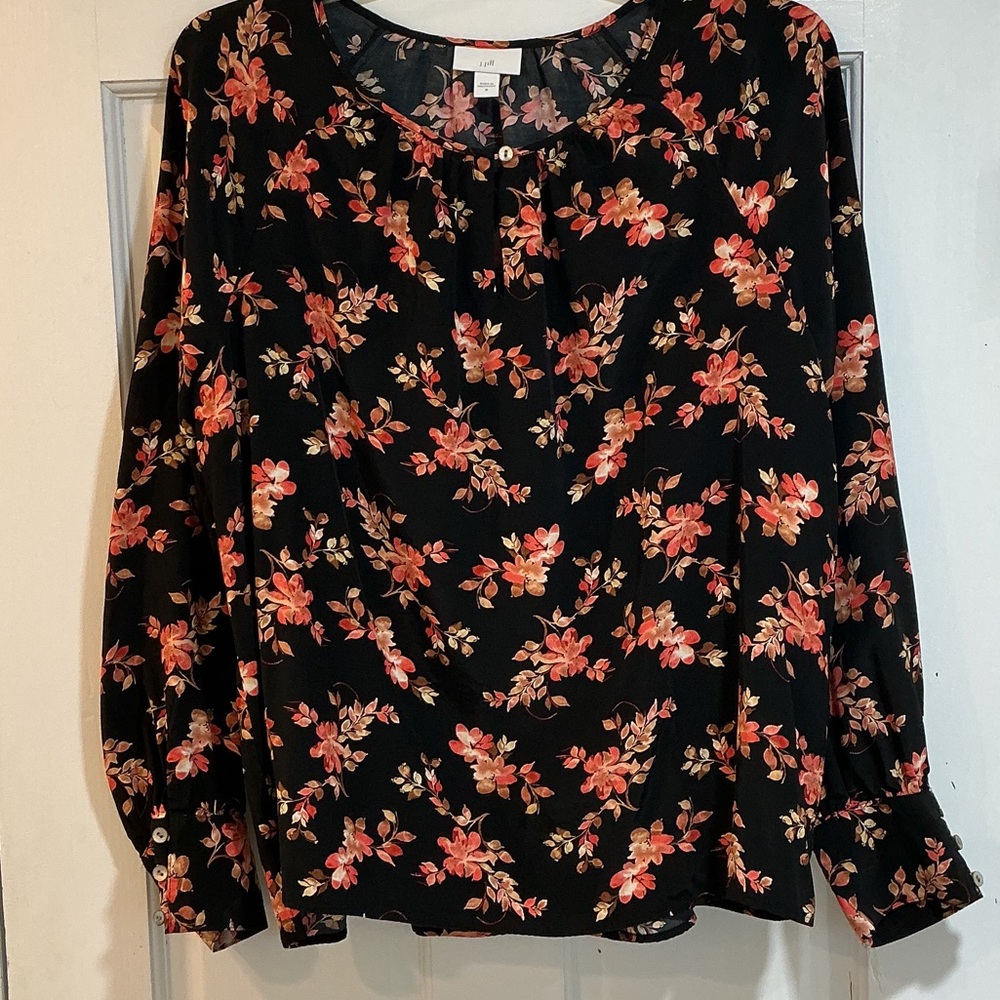 JJill Black with Floral Print in shades of Rust, Toffee and Brown Blouse